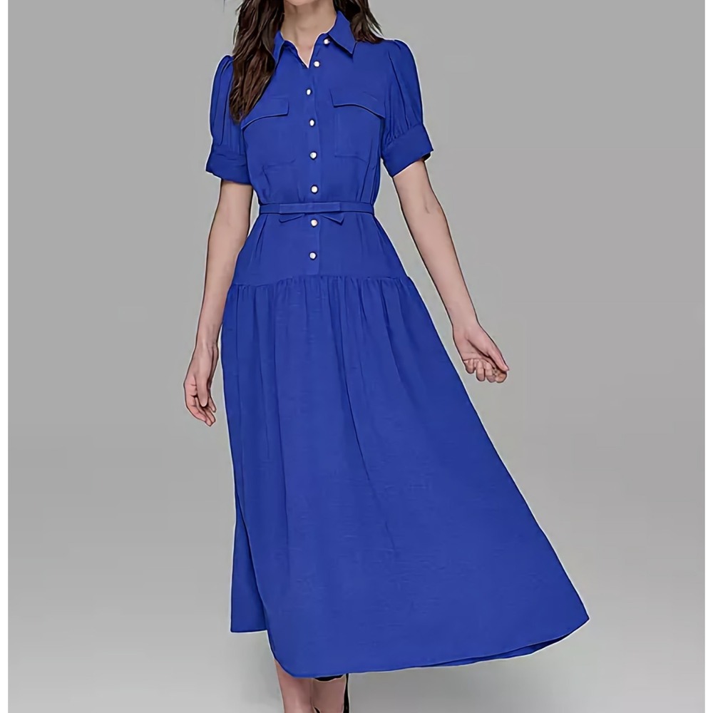 Karl Lagerfeld Paris Belted Collared Button Royal Blue Shirtdress Womens 6